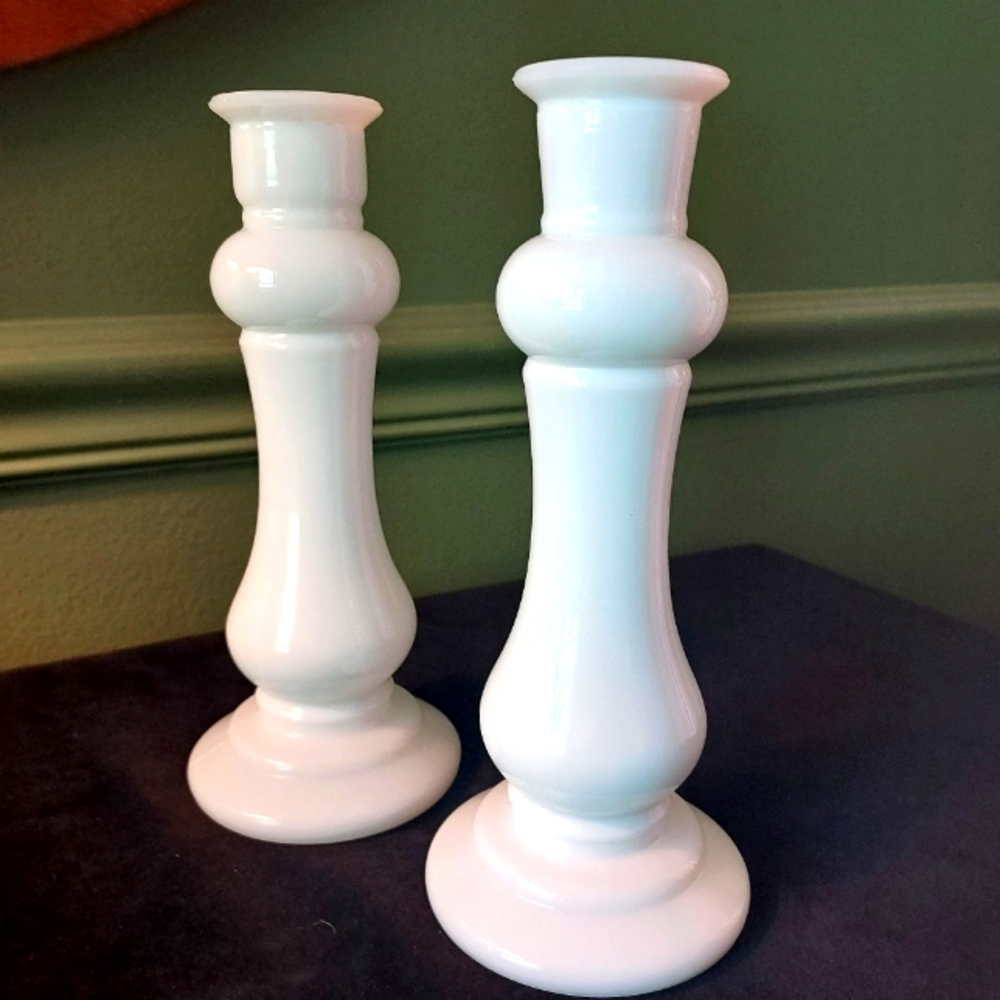 Vintage E.O. Brody Milk Glass Candleholders Vases Set of Two